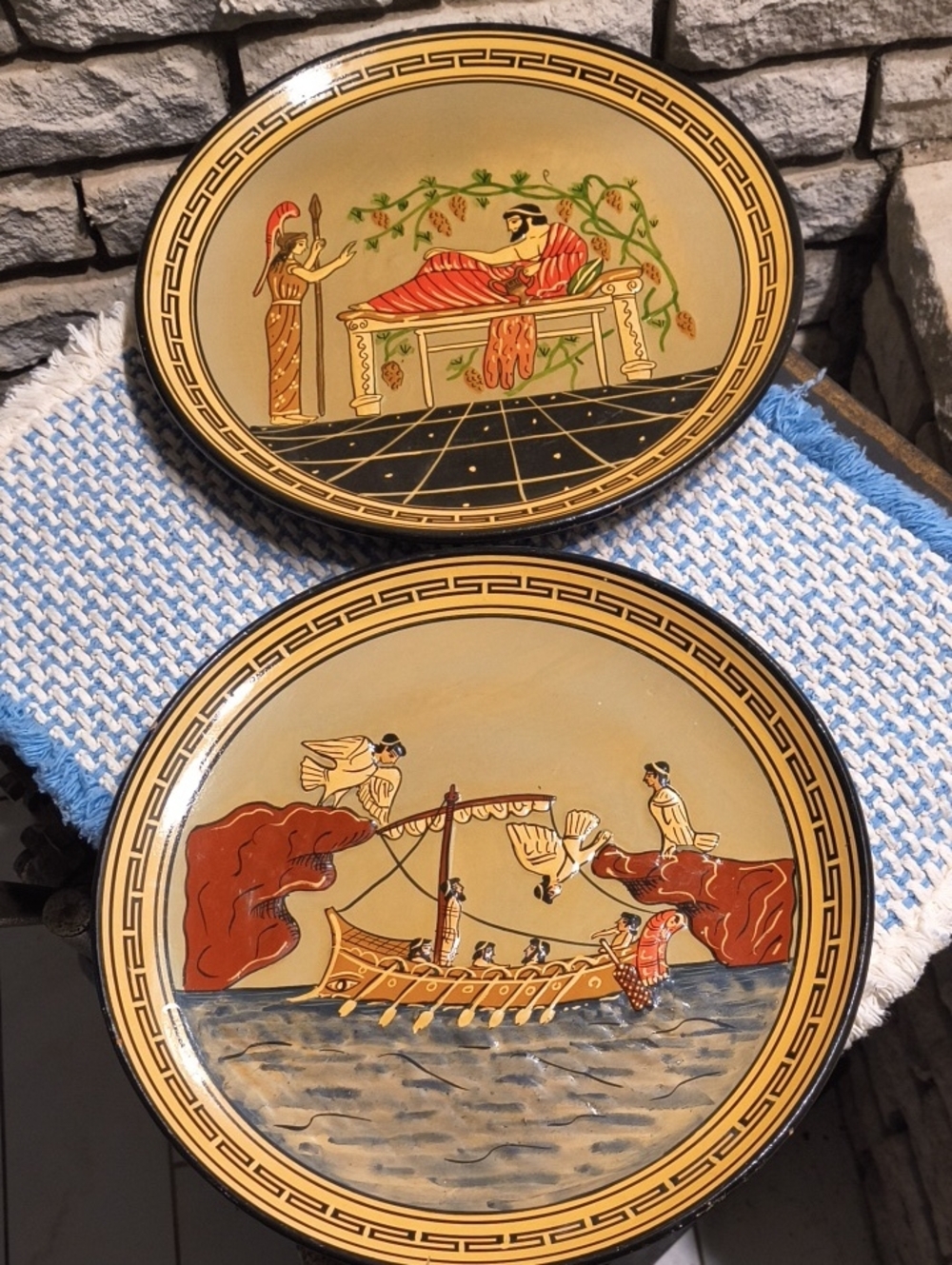 Decorative Greek Mythology Ceramic Wall Plates - Tan, Red, Black (Set of 2) 11in